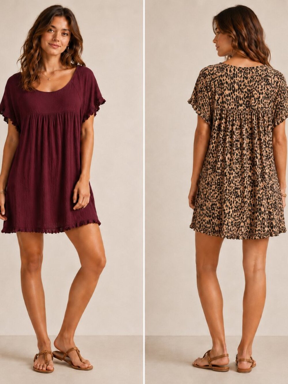 Umgee 2 Tone Fringe Detail Pocket Mini Dress Leopard Back Burgundy Sz Small